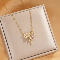 Vacation Classic Style Bow Knot Titanium Steel Copper Bowknot Inlaid Zircon Women's Pendant Necklace sku image 7