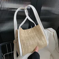 Women's Straw Color Block Streetwear Sewing Thread Bucket Magnetic Buckle Shoulder Bag main image 1