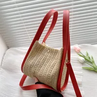 Women's Straw Color Block Streetwear Sewing Thread Bucket Magnetic Buckle Shoulder Bag main image 2