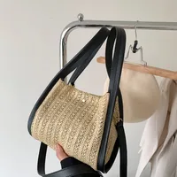 Women's Straw Color Block Streetwear Sewing Thread Bucket Magnetic Buckle Shoulder Bag main image 4