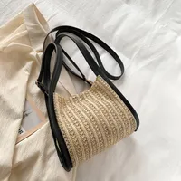 Women's Straw Color Block Streetwear Sewing Thread Bucket Magnetic Buckle Shoulder Bag sku image 1