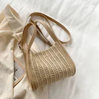 Women's Straw Color Block Streetwear Sewing Thread Bucket Magnetic Buckle Shoulder Bag sku image 2