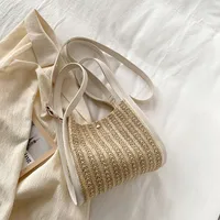 Women's Straw Color Block Streetwear Sewing Thread Bucket Magnetic Buckle Shoulder Bag sku image 3