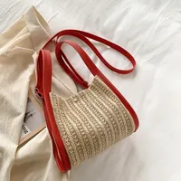 Women's Straw Color Block Streetwear Sewing Thread Bucket Magnetic Buckle Shoulder Bag sku image 4