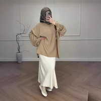 Abaya Color Block Set Loose Fit Long Sleeve Top & Midi Skirt Lounge Outfit Women's Modest Fashion main image 5