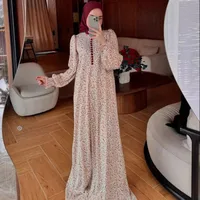 Floral Print Abaya Dress Long Sleeve Maxi With Flowing Skirt - Spring Autumn Muslim Women Fashion sku image 1