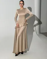 Elegant Satin Long Sleeve Dress With Ruffled Hem, Pure Color Spring/Autumn Women's Fashion sku image 9