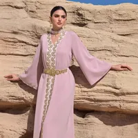 Elegant Lace Embroidered Bohemian Abaya Dress With Flared Hem And Long Sleeves main image 3