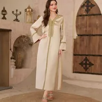 Elegant Abaya Dress Pure Color Satin Modest Lace Trim Ethnic Flair Wide Flowing Maxi Muslim Women's Clothing main image 1