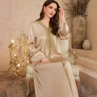 Elegant Abaya Dress Pure Color Satin Modest Lace Trim Ethnic Flair Wide Flowing Maxi Muslim Women's Clothing main image 3