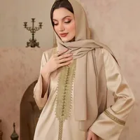 Elegant Abaya Dress Pure Color Satin Modest Lace Trim Ethnic Flair Wide Flowing Maxi Muslim Women's Clothing main image 4