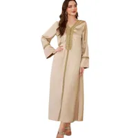 Elegant Abaya Dress Pure Color Satin Modest Lace Trim Ethnic Flair Wide Flowing Maxi Muslim Women's Clothing main image 5