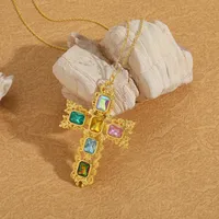 Retro Classic Style Cross Copper Zircon 14K Gold Plated Women's Pendant Necklace main image 3