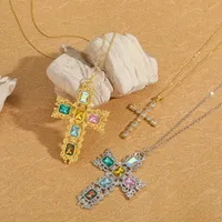 Retro Classic Style Cross Copper Zircon 14K Gold Plated Women's Pendant Necklace main image 5