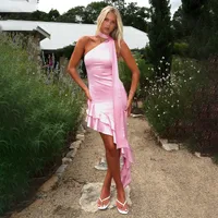 Women's Sheath Dress Satin Dress Elegant Oblique Collar Sleeveless Solid Color Asymmetrical Dress Casual Beach sku image 3