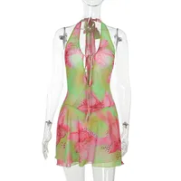 Women's One-Step Skirt Royal Sister Wind Sexy Streetwear Sling Style Collarless Painted Sleeveless Plant Flowers Above Knee Nightclub Daily Bar sku image 4