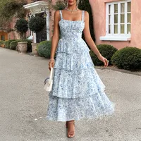 Women's Floral Dress Casual Strap Backless Sleeveless Flower Maxi Long Dress Daily sku image 16