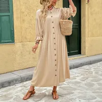 Women's Sheath Dress Elegant Round Neck Button 3/4 Length Sleeve Stripe Midi Dress Holiday Daily main image 2