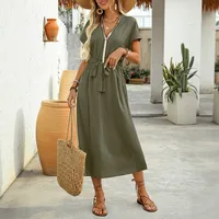 Women's Sheath Dress Elegant Simple Style V Neck Sequins Belt Pleated Short Sleeve Solid Color Midi Dress Holiday Daily main image 1