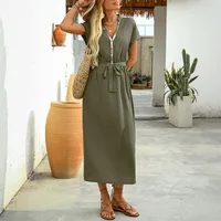 Women's Sheath Dress Elegant Simple Style V Neck Sequins Belt Pleated Short Sleeve Solid Color Midi Dress Holiday Daily main image 2