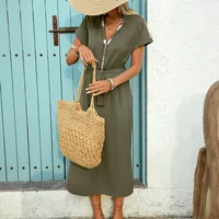 Women's Sheath Dress Elegant Simple Style V Neck Sequins Belt Pleated Short Sleeve Solid Color Midi Dress Holiday Daily main image 3