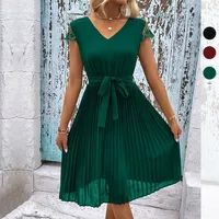 Women's Pleated Skirt Casual Elegant Streetwear V Neck Pleated Short Sleeve Solid Color Knee-Length Holiday Selfie main image 2