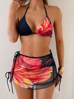 Women's Sexy Sweet Color Block Flower 3 Pieces Set Swimwear sku image 3