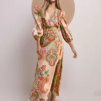Women's A- Line Skirt Elegant Style Sexy Ethnic Style V Neck Plunging Neck Printing Long Sleeve Printing Maxi Long Dress Travel Daily Date sku image 6