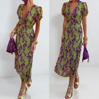 Women's Sheath Dress Bandage Dress Elegant Tropical Commute Style V Neck Basic Model Pleated Short Sleeve Printing Maxi Long Dress Office Daily Date main image 1