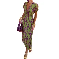 Women's Sheath Dress Bandage Dress Elegant Tropical Commute Style V Neck Basic Model Pleated Short Sleeve Printing Maxi Long Dress Office Daily Date main image 2
