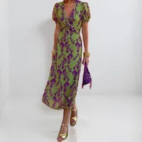 Women's Sheath Dress Bandage Dress Elegant Tropical Commute Style V Neck Basic Model Pleated Short Sleeve Printing Maxi Long Dress Office Daily Date main image 3