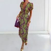Women's Sheath Dress Bandage Dress Elegant Tropical Commute Style V Neck Basic Model Pleated Short Sleeve Printing Maxi Long Dress Office Daily Date main image 4