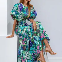 Women's Hip Skirt Elegant Style Tropical Pastoral Round Neck Printing Half Sleeve Multicolor Maxi Long Dress Office Indoor Daily main image 1