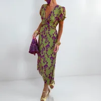 Women's Sheath Dress Bandage Dress Elegant Tropical Commute Style V Neck Basic Model Pleated Short Sleeve Printing Maxi Long Dress Office Daily Date main image 5
