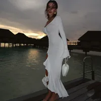 Women's Slit Dress Sweet Spicy Wind V Neck Long Sleeve Solid Color Maxi Long Dress Office Daily Date main image 5