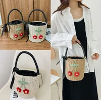 Unisex Medium Straw Solid Color Vacation Bucket String Straw Bag main image 1