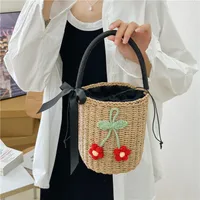 Unisex Medium Straw Solid Color Vacation Bucket String Straw Bag main image 4