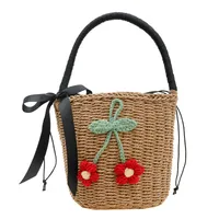 Unisex Medium Straw Solid Color Vacation Bucket String Straw Bag sku image 2