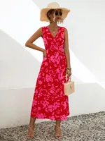 Women's Bandage Dress Tea Dress Casual Elegant Simple Style V Neck Sleeveless Printing Flower Maxi Long Dress Travel Daily Date sku image 1