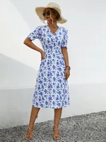 Women's Floral Dress Casual Style Japanese And Korean Leisure V Neck Short Sleeve Printing Flower Maxi Long Dress Indoor Daily Date sku image 2
