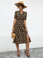 Women's Floral Dress Casual Style Japanese And Korean Leisure V Neck Short Sleeve Printing Flower Maxi Long Dress Indoor Daily Date sku image 7
