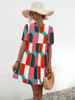 Women's A- Line Skirt Casual Elegant Simple Style Round Neck Short Sleeve Color Block Above Knee Office Travel Daily sku image 4