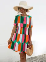 Women's A- Line Skirt Casual Elegant Simple Style Round Neck Short Sleeve Color Block Above Knee Office Travel Daily sku image 7