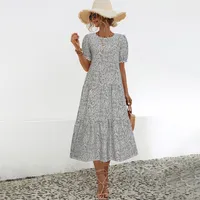 Women's Plaid Dress Polka Dot Dress Tiered Skirt Elegant Temperament Commuter Simple Style Round Neck Patchwork Short Sleeve Plaid Maxi Long Dress Office Indoor Daily main image 3