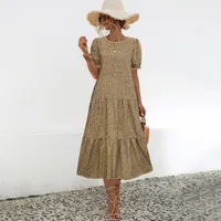 Women's Plaid Dress Polka Dot Dress Tiered Skirt Elegant Temperament Commuter Simple Style Round Neck Patchwork Short Sleeve Plaid Maxi Long Dress Office Indoor Daily main image 5
