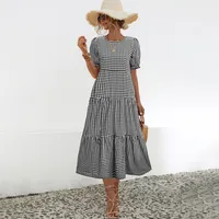 Women's Plaid Dress Polka Dot Dress Tiered Skirt Elegant Temperament Commuter Simple Style Round Neck Patchwork Short Sleeve Plaid Maxi Long Dress Office Indoor Daily main image 4