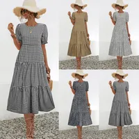 Women's Plaid Dress Polka Dot Dress Tiered Skirt Elegant Temperament Commuter Simple Style Round Neck Patchwork Short Sleeve Plaid Maxi Long Dress Office Indoor Daily main image 1