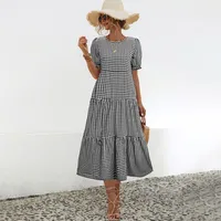 Women's Plaid Dress Polka Dot Dress Tiered Skirt Elegant Temperament Commuter Simple Style Round Neck Patchwork Short Sleeve Plaid Maxi Long Dress Office Indoor Daily sku image 16