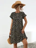 Women's A- Line Skirt Casual Elegant Fresh Wind Round Neck Short Sleeve Ditsy Floral Above Knee Office Travel Daily sku image 4