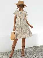 Women's A- Line Skirt Casual Elegant Fresh Wind Round Neck Short Sleeve Ditsy Floral Above Knee Office Travel Daily sku image 7